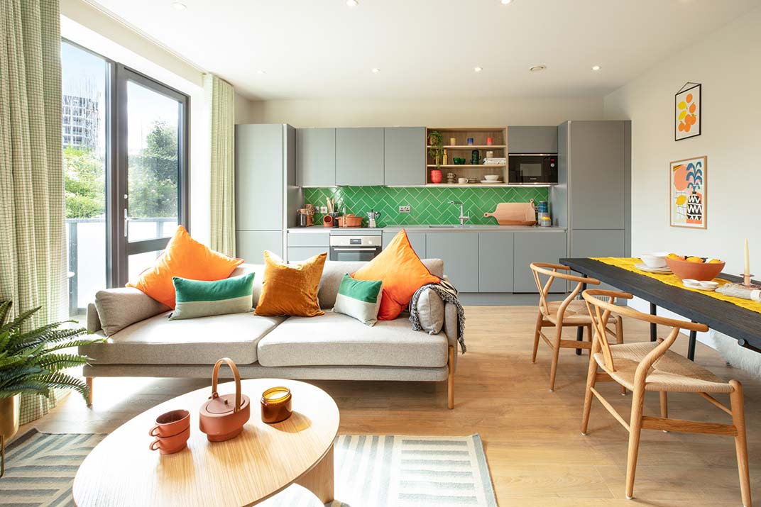 Show Flat Open Plan Dining Room, Living Room and Kitchen | Oxbow | New Flats in East London