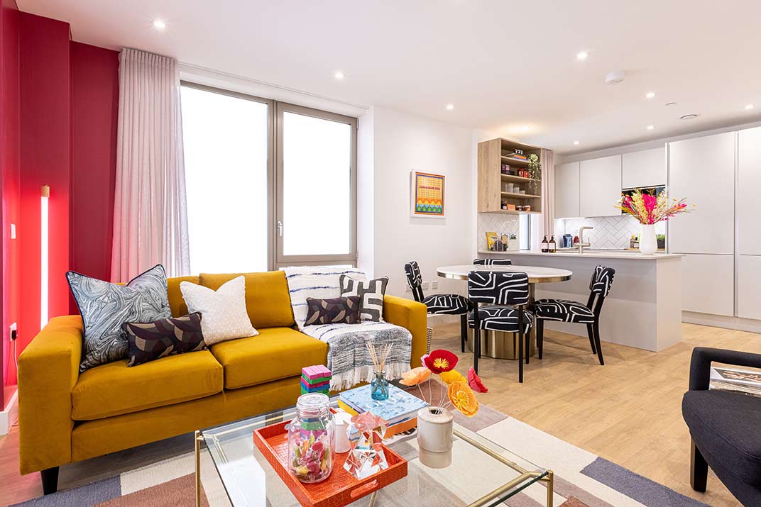 Show Flat Open Plan Dining Room, Living Room and Kitchen | Oxbow | New Flats in East London